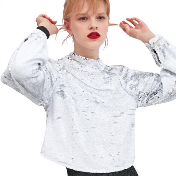 zara white sequin long sleeve top